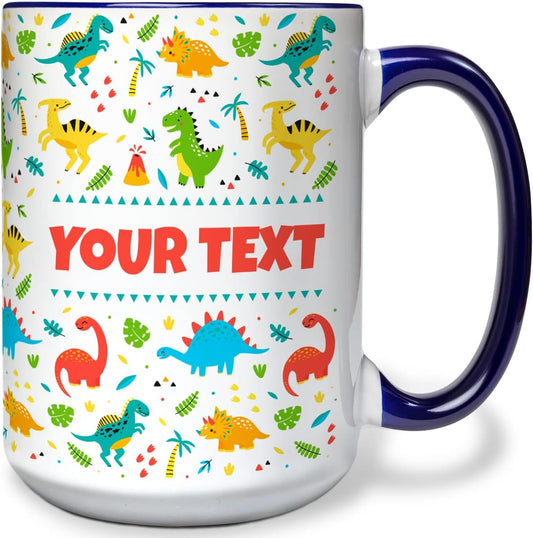 Personalized Mug for Kids - Dinosaurs - Custom Name/Text, Ceramic Hot Chocolate/Cocoa/Coffee Cup