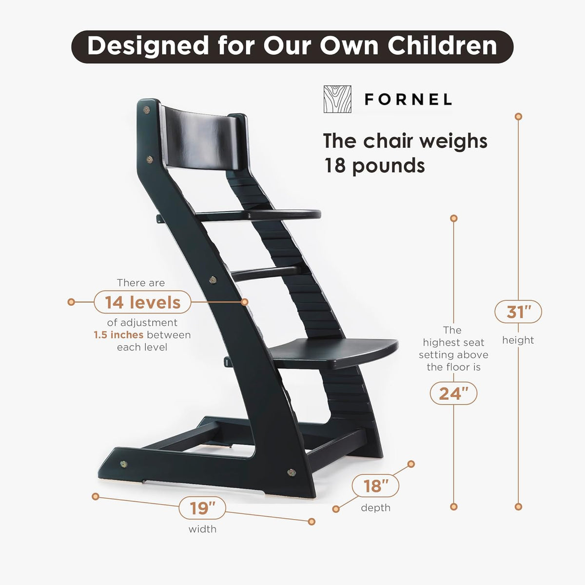 FORNEL Modern Black Wooden High Chair | The Adjustable Grow-with-Me Chair, A Sleek Alternative to