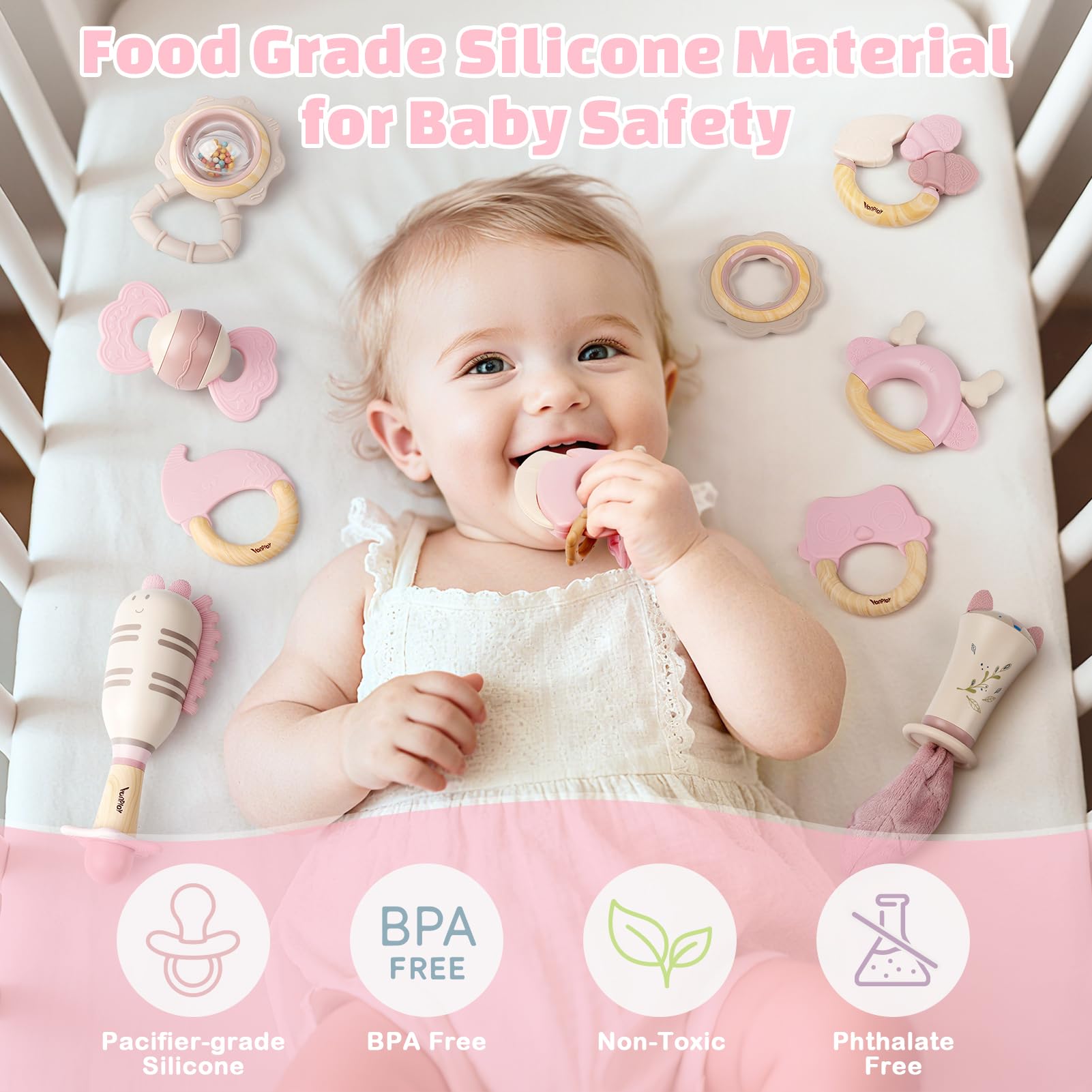 Baby Toys 0-6 Months, Baby Rattles, Teething Toys 3-6 Months, Infant Toys 6-12 Months, 10PCS Pink