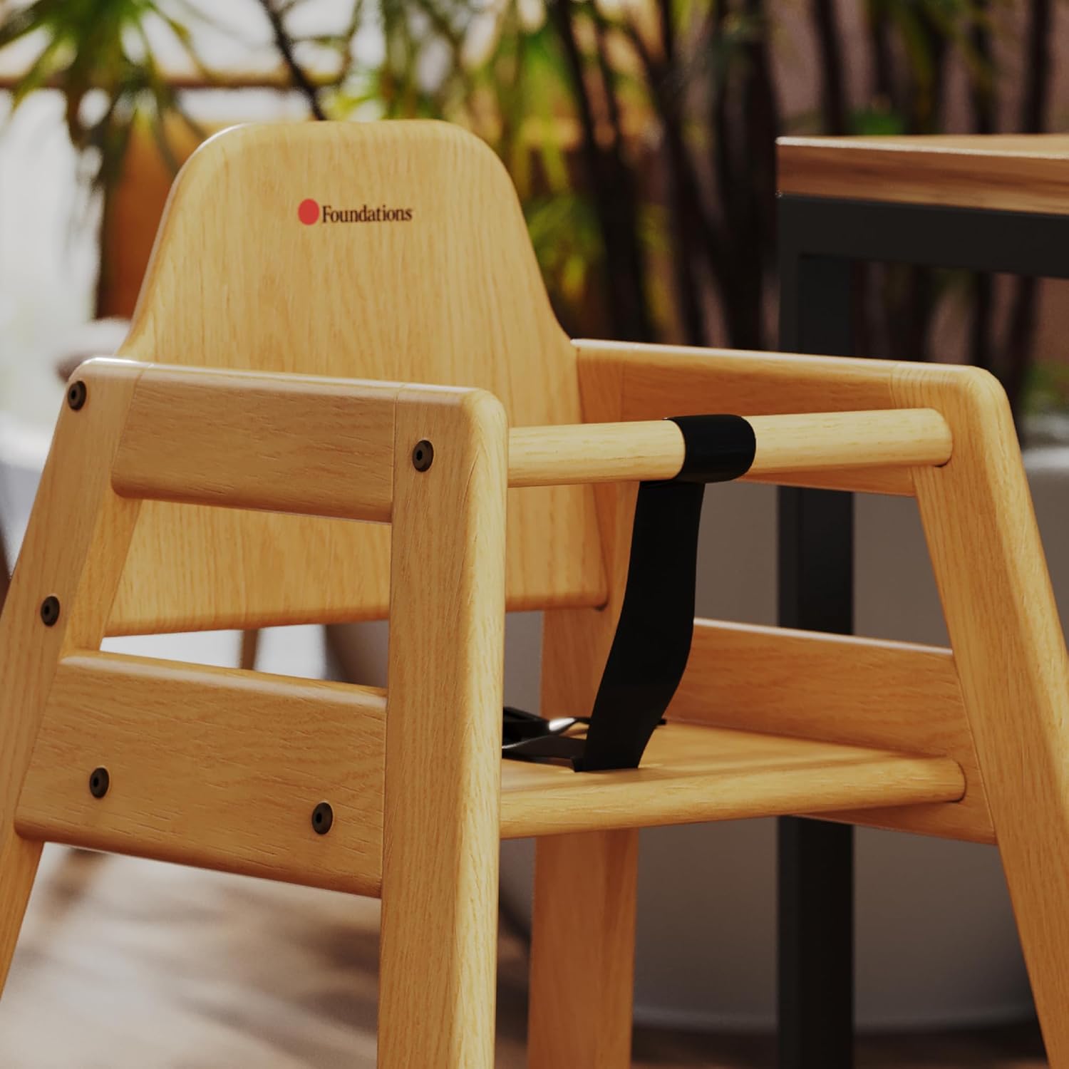 Foundations Neat Seat Wood Highchair for Restaurants, Easy to Clean, “No-tip” Feet, 3-point Safety