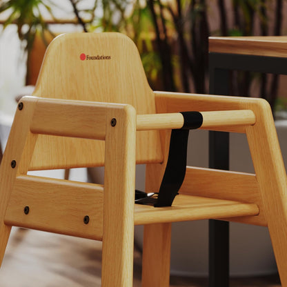 Foundations Neat Seat Wood Highchair for Restaurants, Easy to Clean, “No-tip” Feet, 3-point Safety