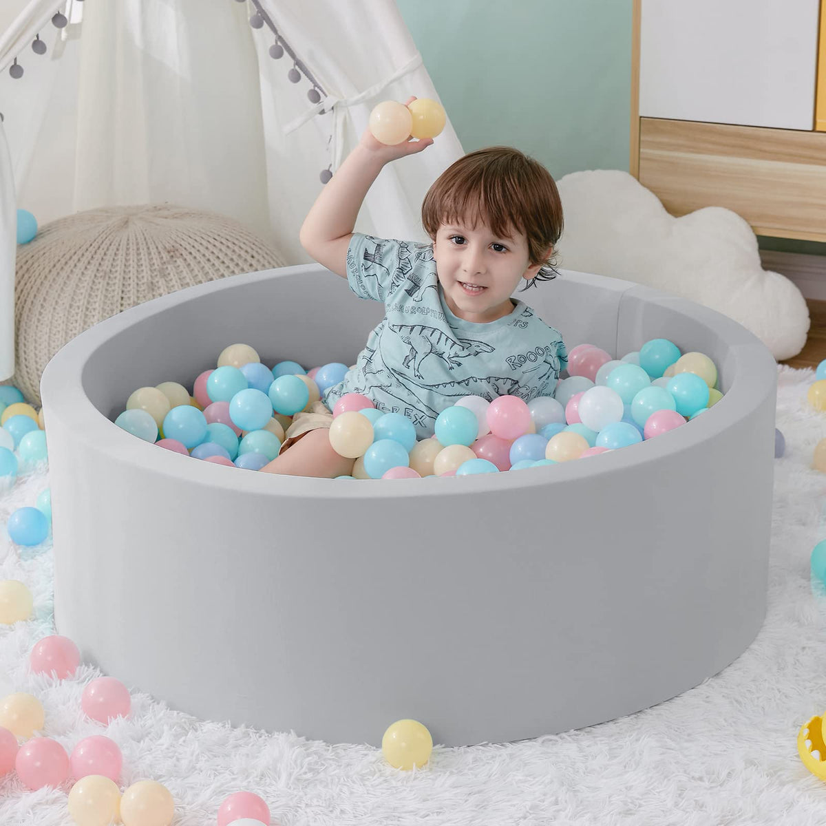SHJADE Foam Ball Pit, 35.4"x 11.8" Ball Pits for Toddlers-Grey