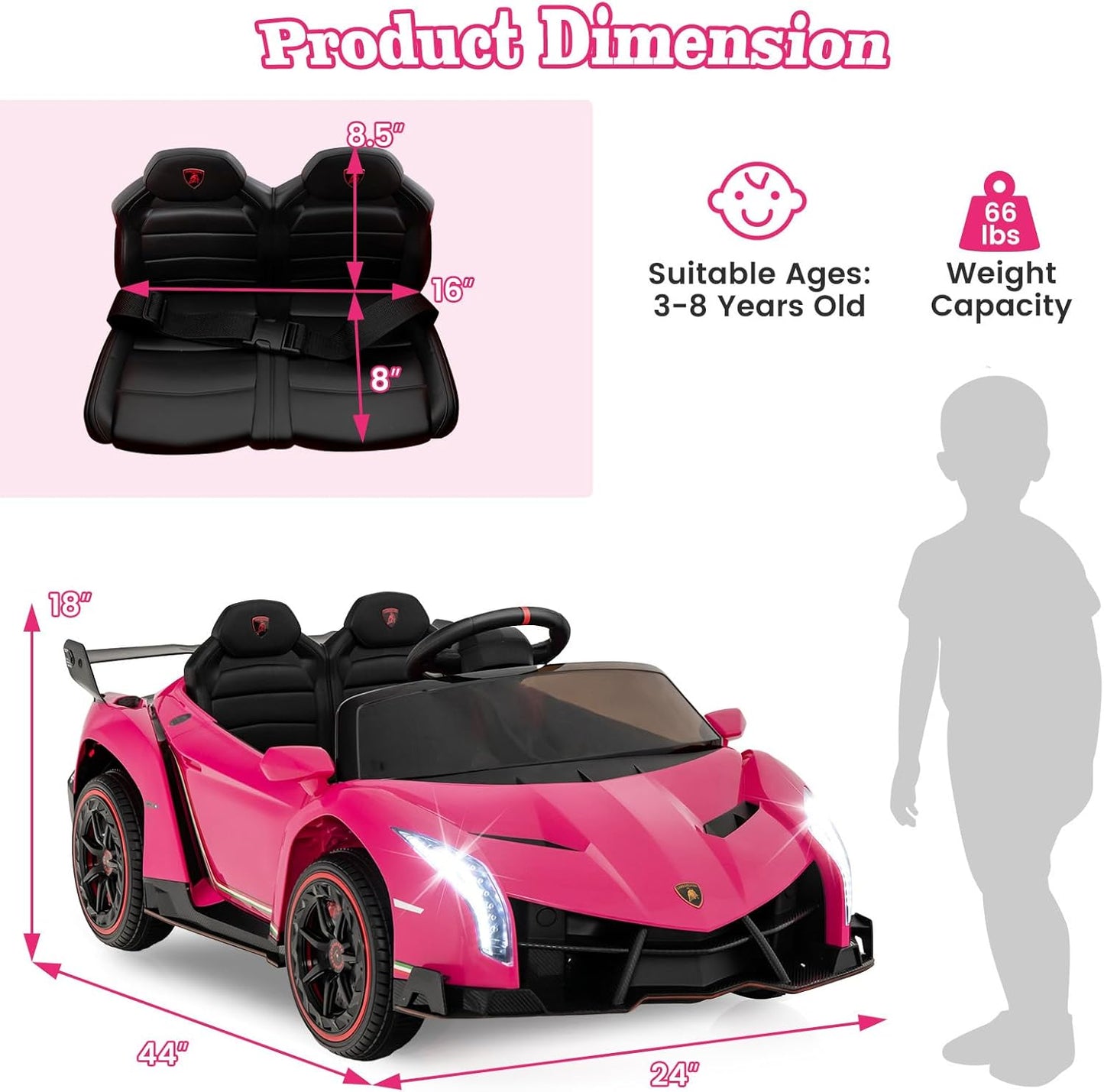 Costzon Pink Lamborghini Ride on Car, 12V Battery Powered 4WD Lambo Kids Car with Remote Control, 3