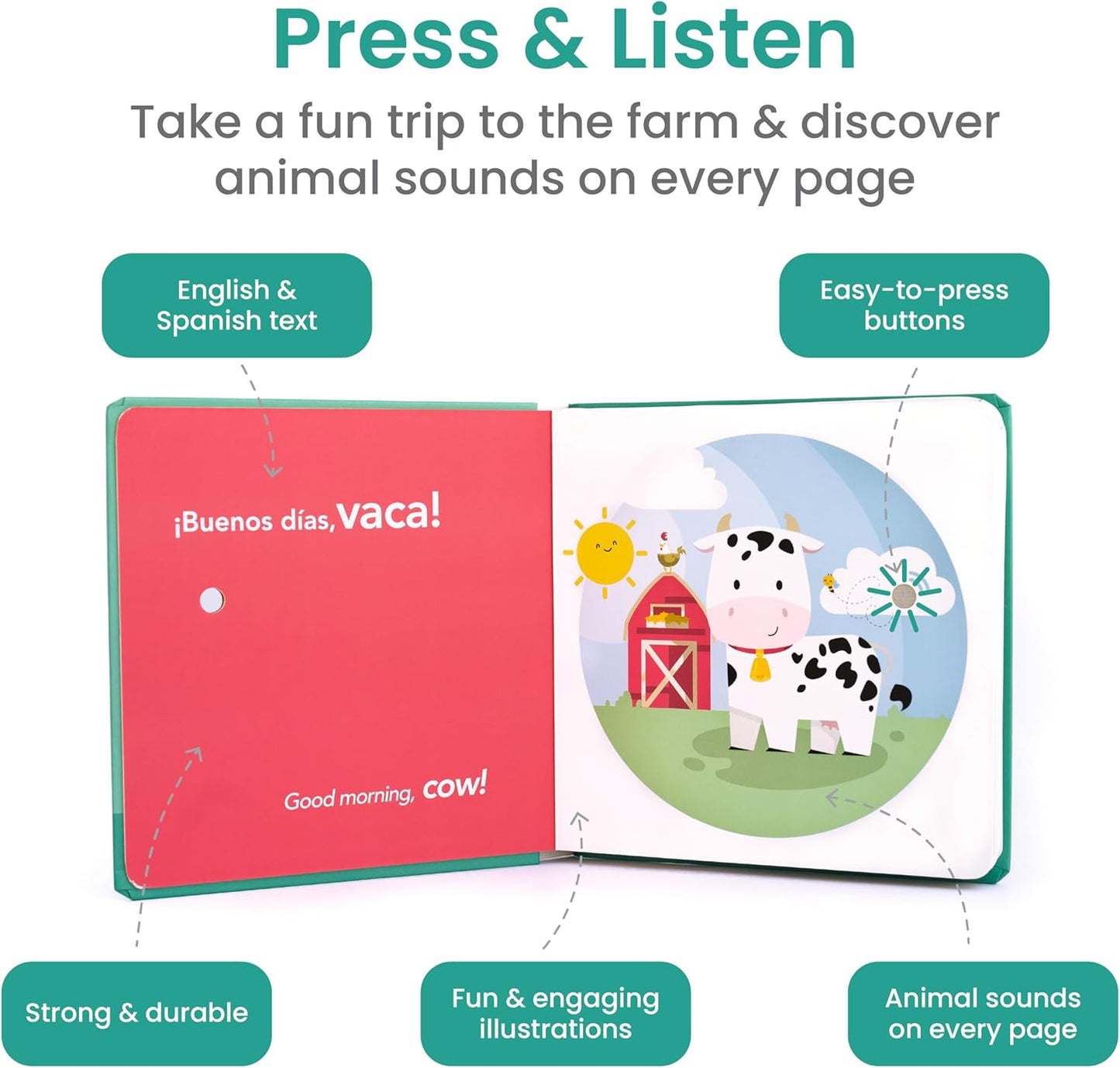 Binibi Spanish Books for Babies & Toddlers 1-3 La Granja Interactive Bilingual Sound Book with Farm