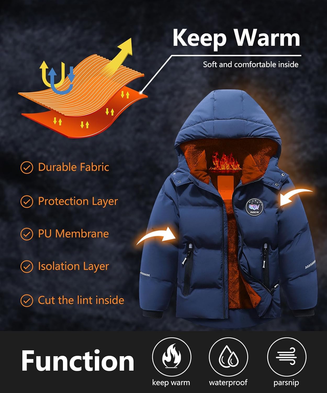 Kids Boy's Winter Coat Fleece Lined Waterproof Jacket Puffy Cotton Coat Thick Hooded Down Outdoor