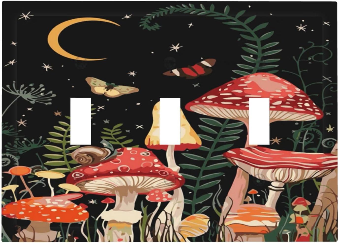 Moon Star Red Mushroom Forest Butterfly Green Plant Decorative Switch Plates 3 Gang Wall Plate