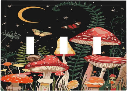 Moon Star Red Mushroom Forest Butterfly Green Plant Decorative Switch Plates 3 Gang Wall Plate
