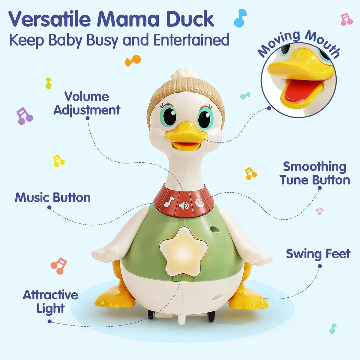 HOLA Baby Toys 6-12 Months Musical Dancing Duck Toy Set with Mama and Babys Tummy Time Toys