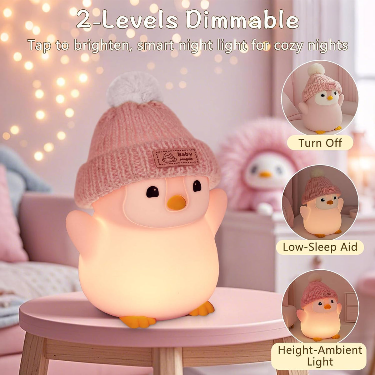 Penguin Night Light, Cute Pink Penguin Lamp with Knit Hat, Soft Silicone Nursery Nightlight for