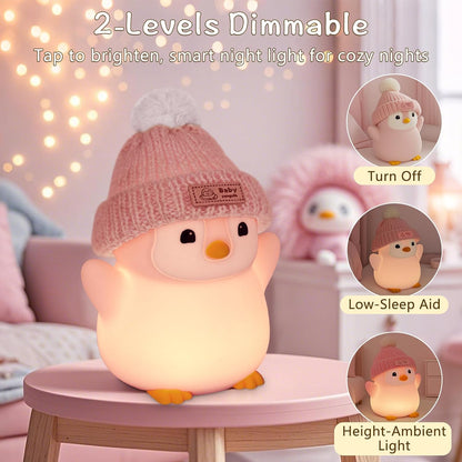 Penguin Night Light, Cute Pink Penguin Lamp with Knit Hat, Soft Silicone Nursery Nightlight for