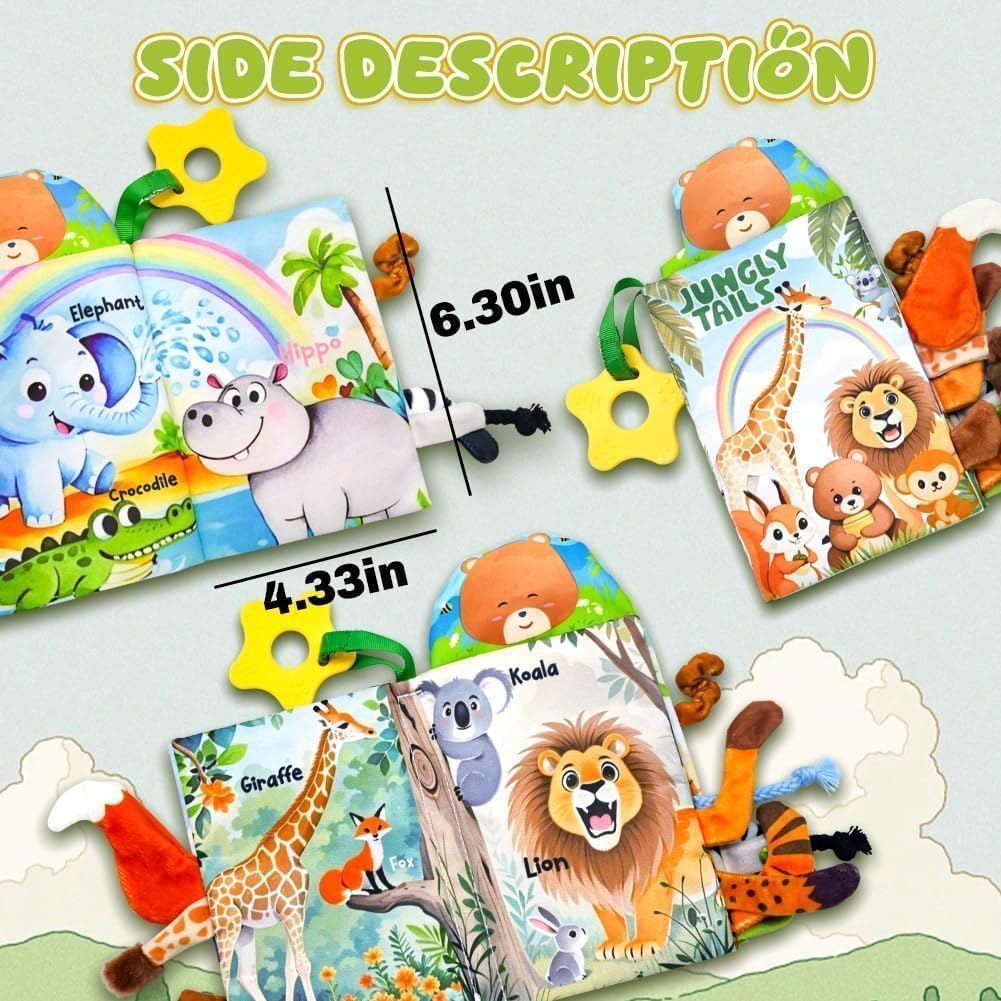 Baby Toys 0-6 Month, Crinkle Books for Babies, Jungle Tails Soft Baby Cloth Books 6 to 12 Months
