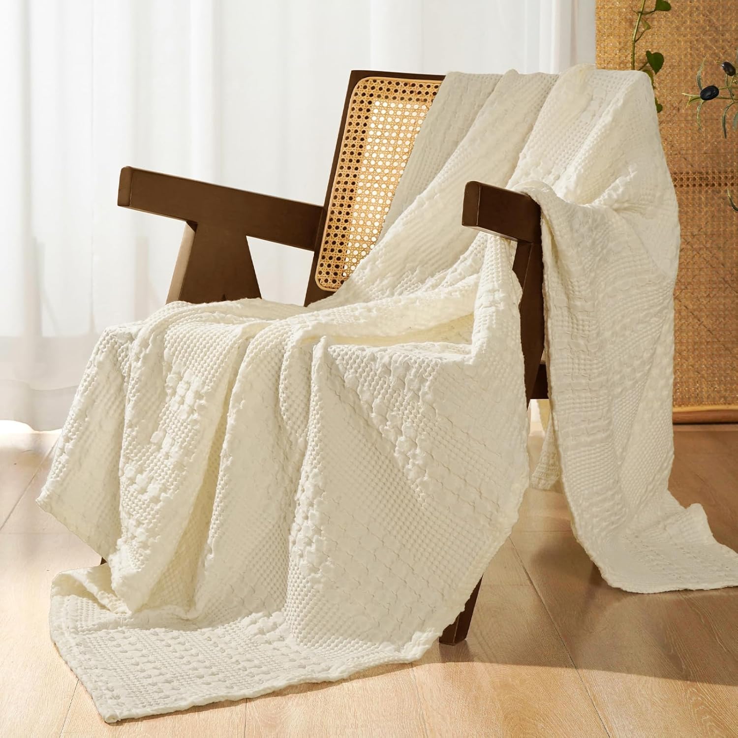 PHF 100% Cotton Waffle Weave Throw Blanket, Soft Lightweight Breathable Cozy Summer Throws for