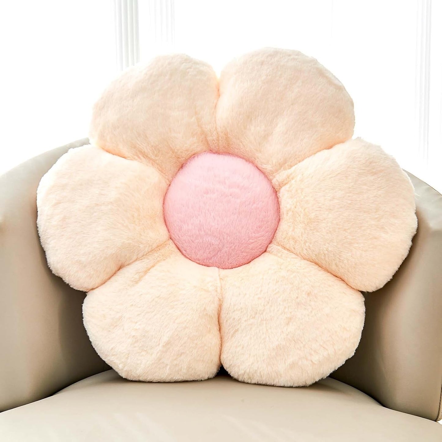 Beige Flower Pillow, Cute Decorative Flower Shaped Throw Pillow with Faux Rabbit Fur, 14.9" Soft
