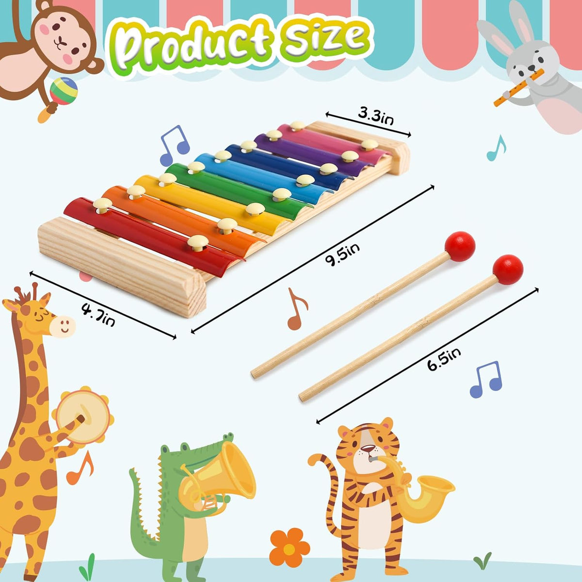 LovesTown Wooden Xylophone Musical Toy, 8 Rainbow Keys, 2 Mallets, Educational Instrument for