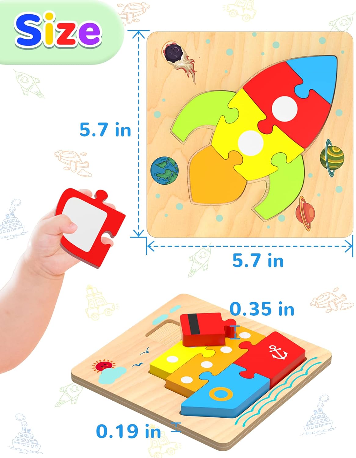 Yetonamr Wooden Toddler Puzzles Gifts Toys for 1 2 3 Years Old Boys Girls, 6 Vehicle Shape