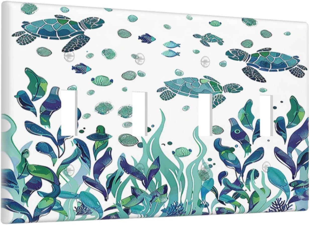 Light Switch Covers Vibrant Turtle Seagrass Watercolor Painting Quad Toggle Electrical Faceplate 4
