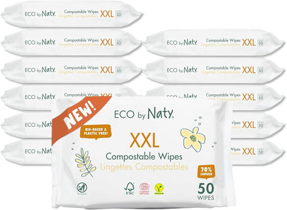 Naty Compostable XXL Baby Wipes - Unscented, 100% Plant-Based, Plastic-Free, Fragrance-Free