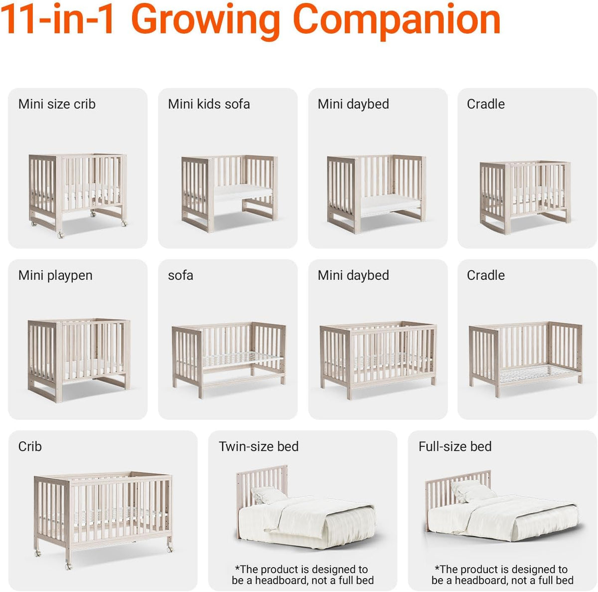 EvoNest Baby Crib, 11 in 1 Convertible Mini Crib with Wheels, 100% New Zealand Wood Growing Bed, 4