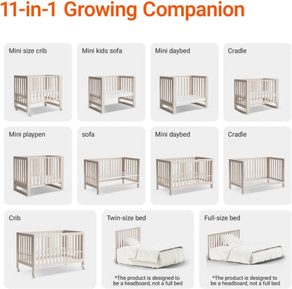 EvoNest Baby Crib, 11 in 1 Convertible Mini Crib with Wheels, 100% New Zealand Wood Growing Bed, 4