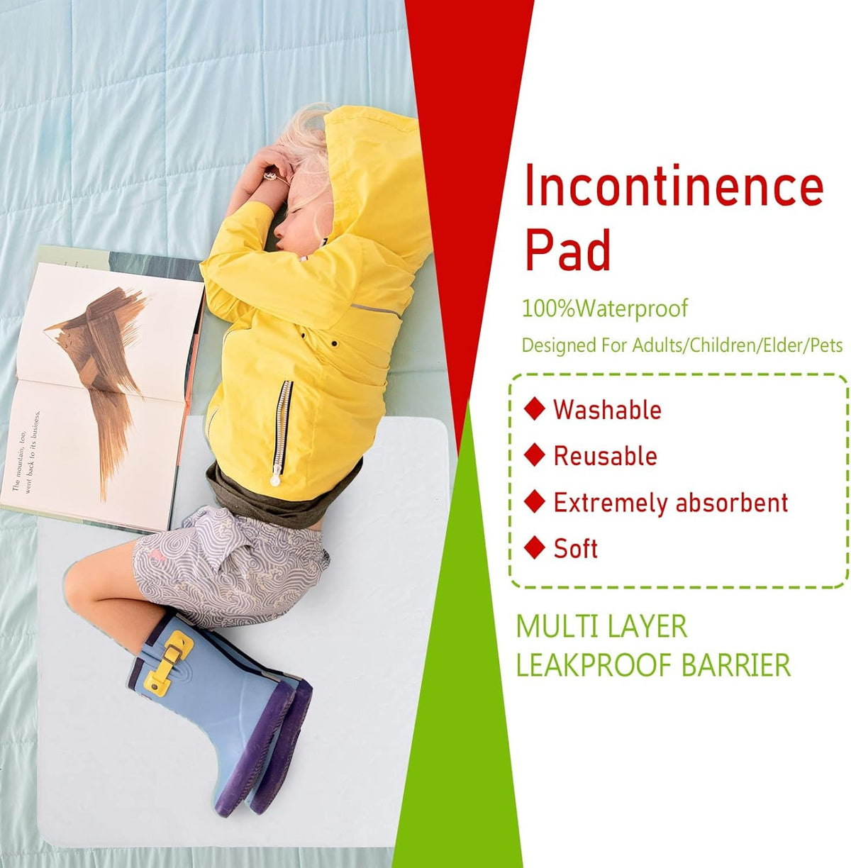 Bamuho 2 Pack Pee Pads for Kids 34"x 36", Washable Potty Training Bed Pads for Toddlers with 4
