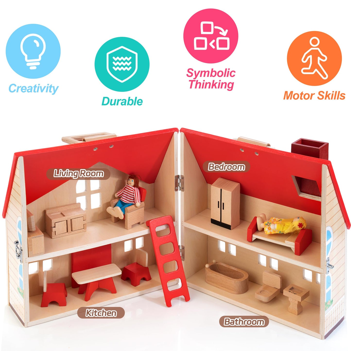 WOODMAM Foldable Wooden Dollhouse with Furniture for Pretend Play