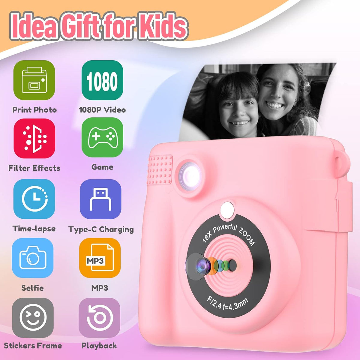 Instant Print Camera for Kids, Christmas Birthday Gifts Girls Boys Age 3-12, HD Digital Video