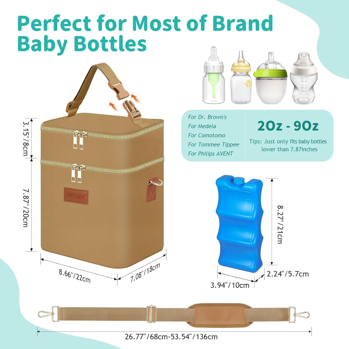 PIIOSER Breastmilk Cooler Bag with Ice Pack Fits 6 Baby Bottles Up to 9 Ounce, Insulated Baby