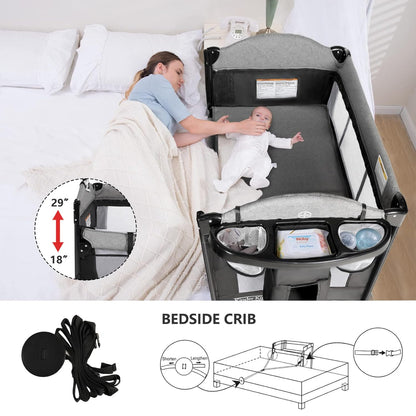 Kinder King 4 in 1 Portable Nursery Center, Foldable Baby Bedside Crib w/Bassinet, Infant Pack n