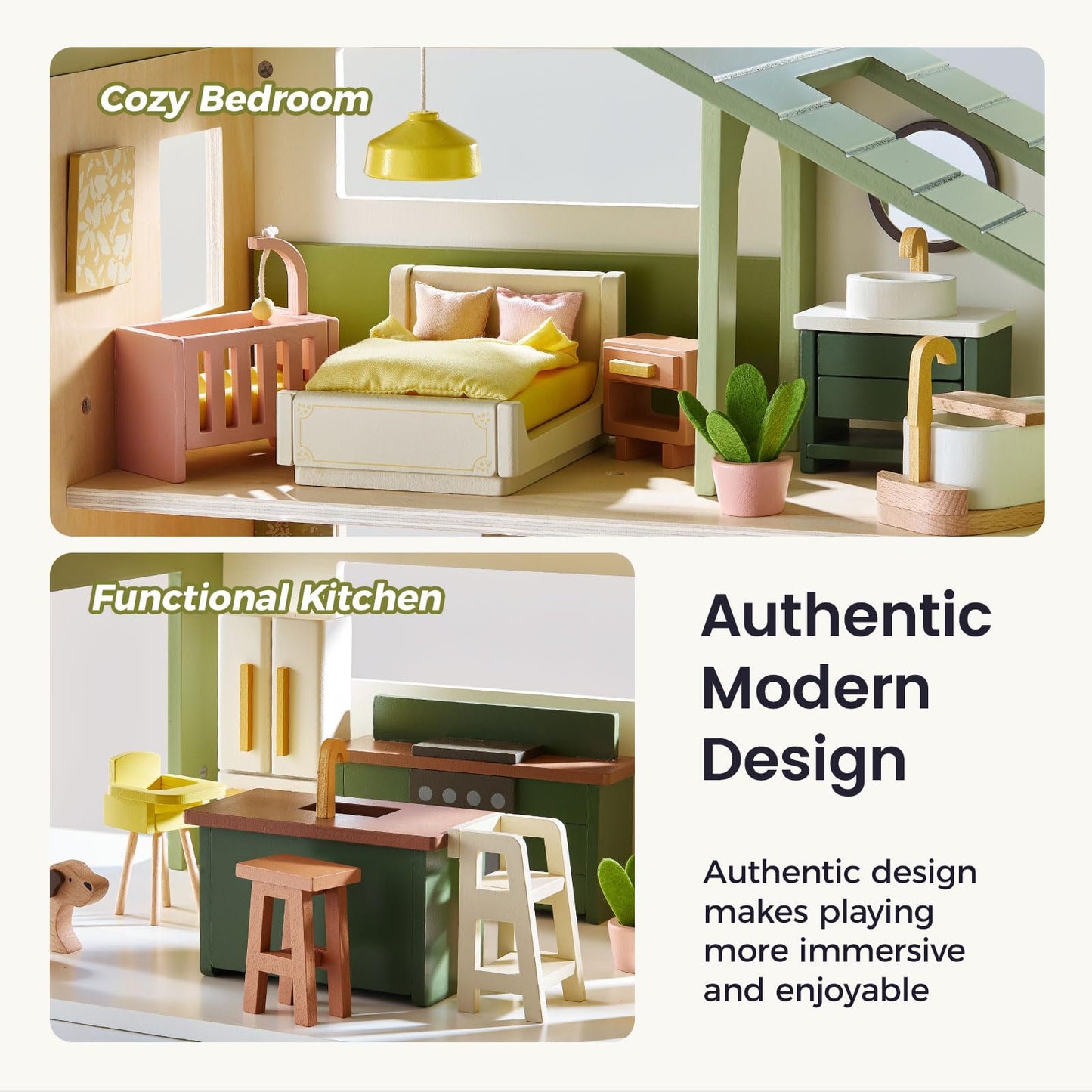 Tiny Land Wooden Doll House, Modern Family Dollhouse with Realistic Design