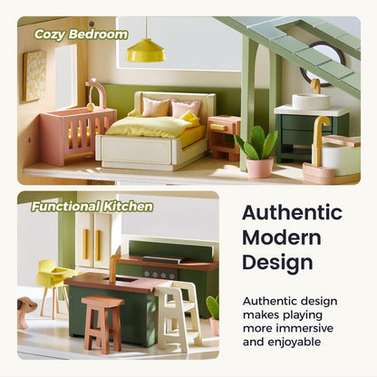 Tiny Land Wooden Doll House, Modern Family Dollhouse with Realistic Design
