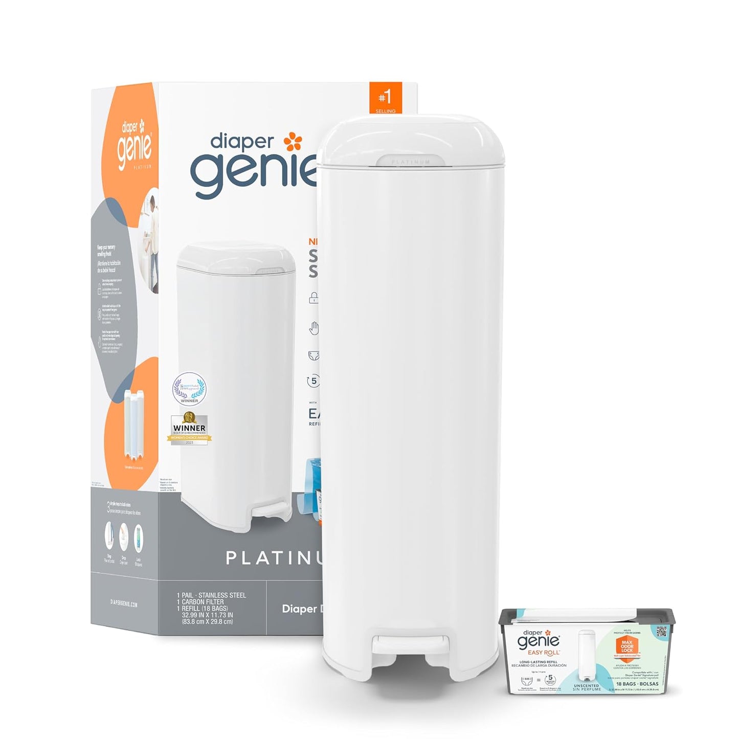 Diaper Genie Platinum Pail (Lilly White) is Made of Durable Stainless Steel and Includes 1 Easy
