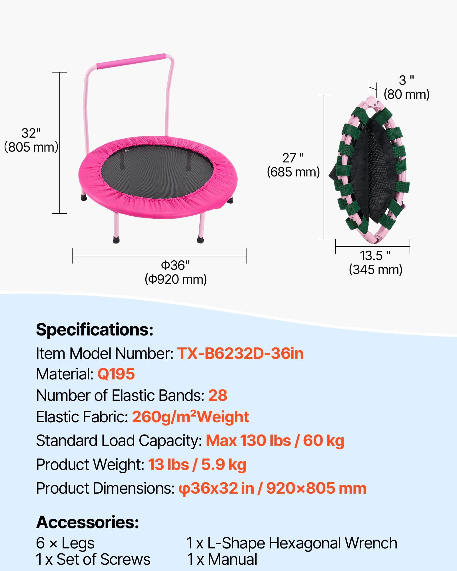 VEVOR 36" Kids Trampoline, 3FT Indoor Outdoor Trampolines, Foldable Jump Toy with Handle, Rebounder