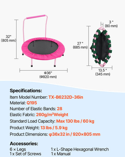 VEVOR 36" Kids Trampoline, 3FT Indoor Outdoor Trampolines, Foldable Jump Toy with Handle, Rebounder