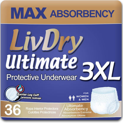 LivDry Ultimate Adult Incontinence Underwear, High Absorbency, Leak Cuff Protection (XXX-Large (36