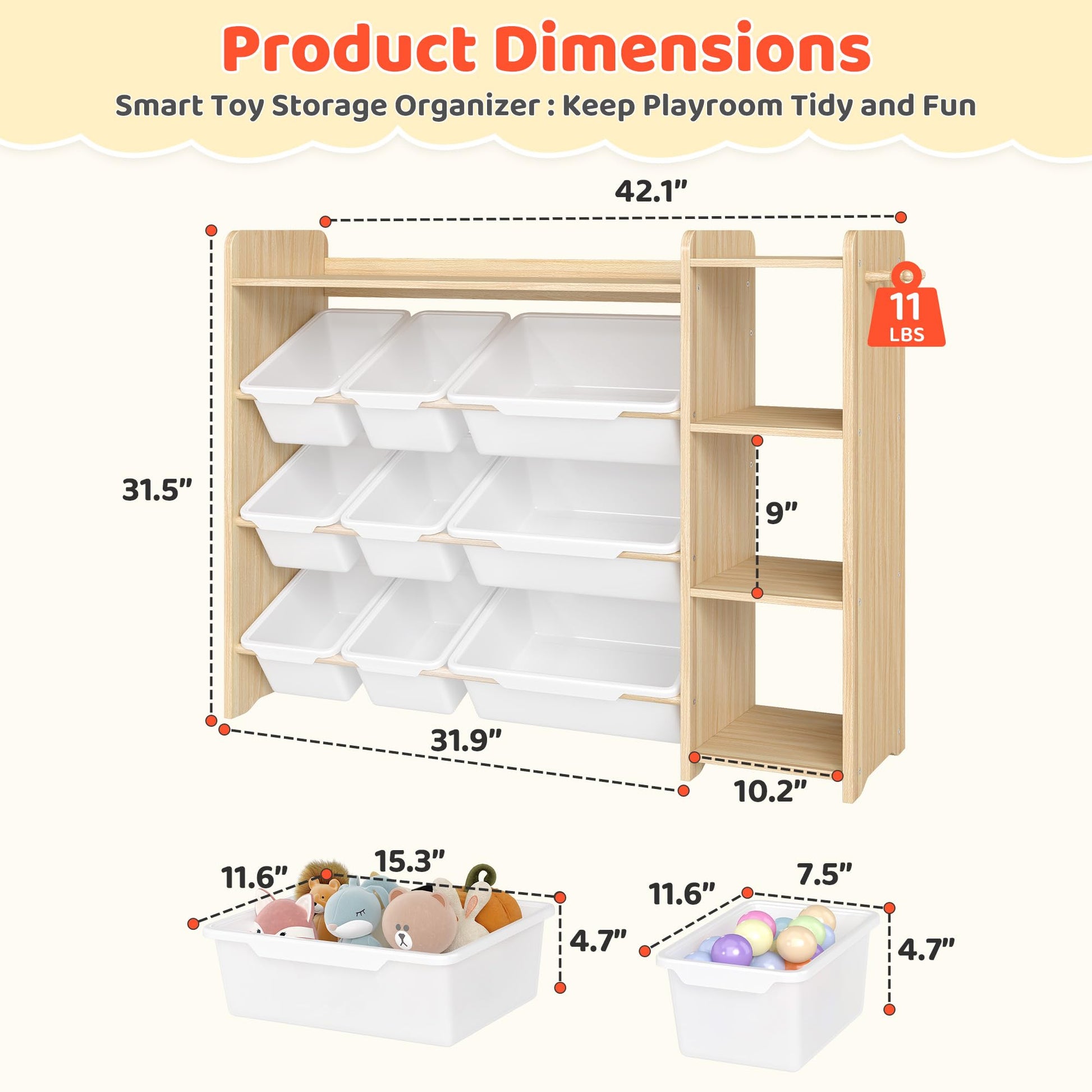 DOREROOM Toy Storage Organizer with Bookshelf, Kids Toy Storage and Organizers with 3 Shelves/9