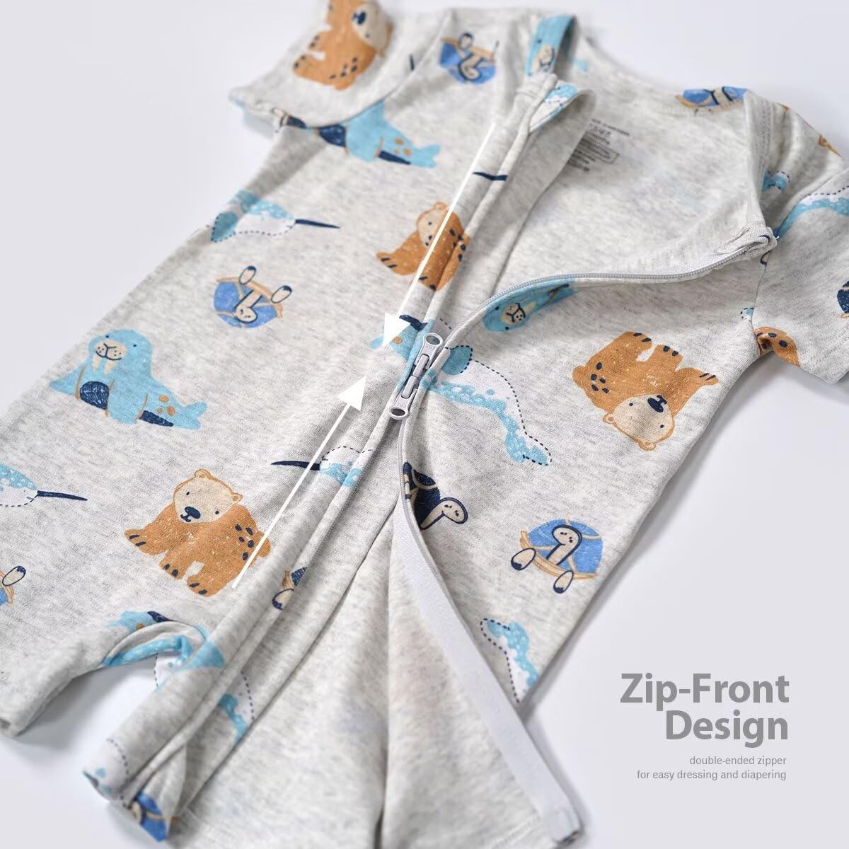 Teach Leanbh Unisex Baby 2 Pack Pajamas Cotton Short Sleeve 2 Way Zipper Printing Soild Romper