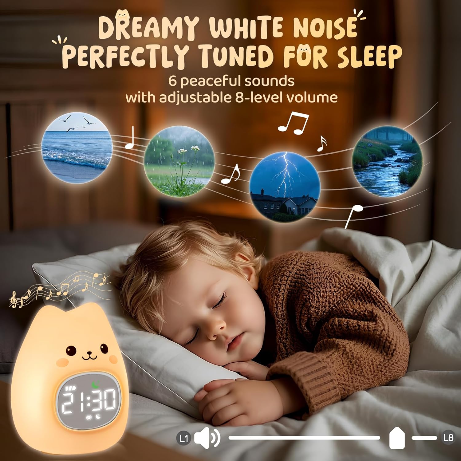 Cat Alarm Clock with Night Light for Kids with Sleep Training and Sound Machine, Rechargeable