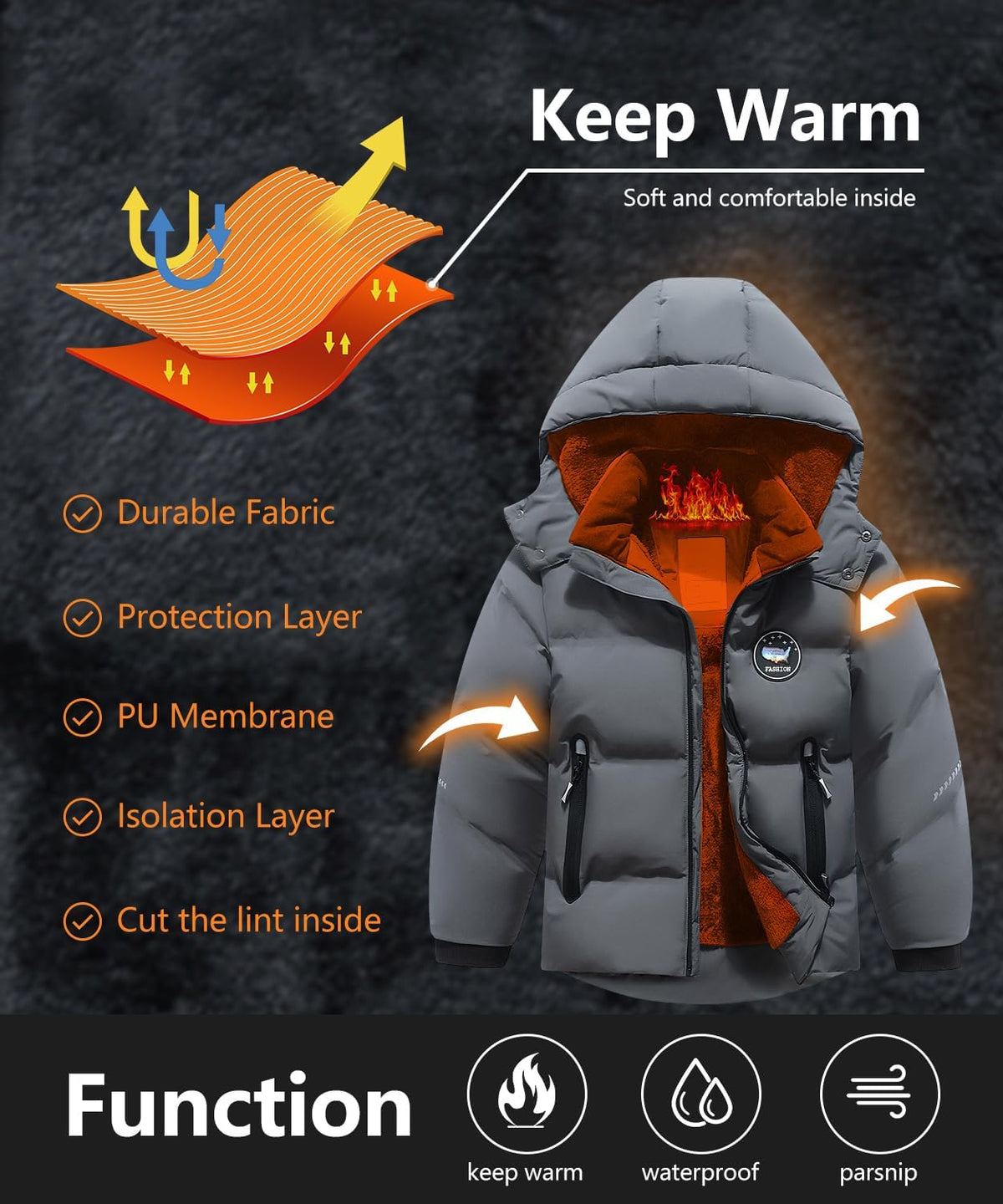 Kids Boy's Winter Coat Fleece Lined Waterproof Jacket Puffy Cotton Coat Thick Hooded Down Outdoor