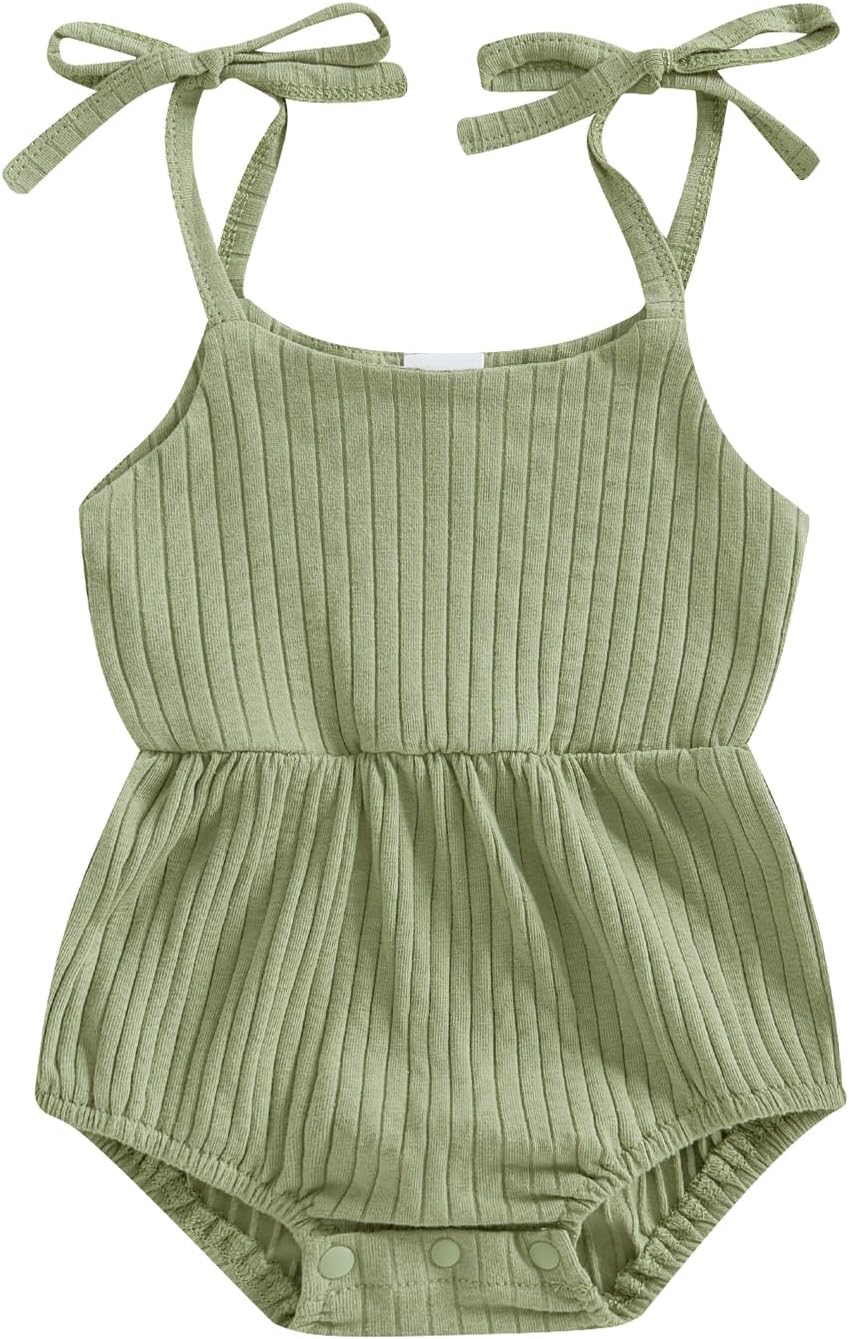 Newborn Infant Baby Girl Romper Ribbed Knit Sleeveless Spaghetti Strap One Piece Jumpsuit Bodysuit