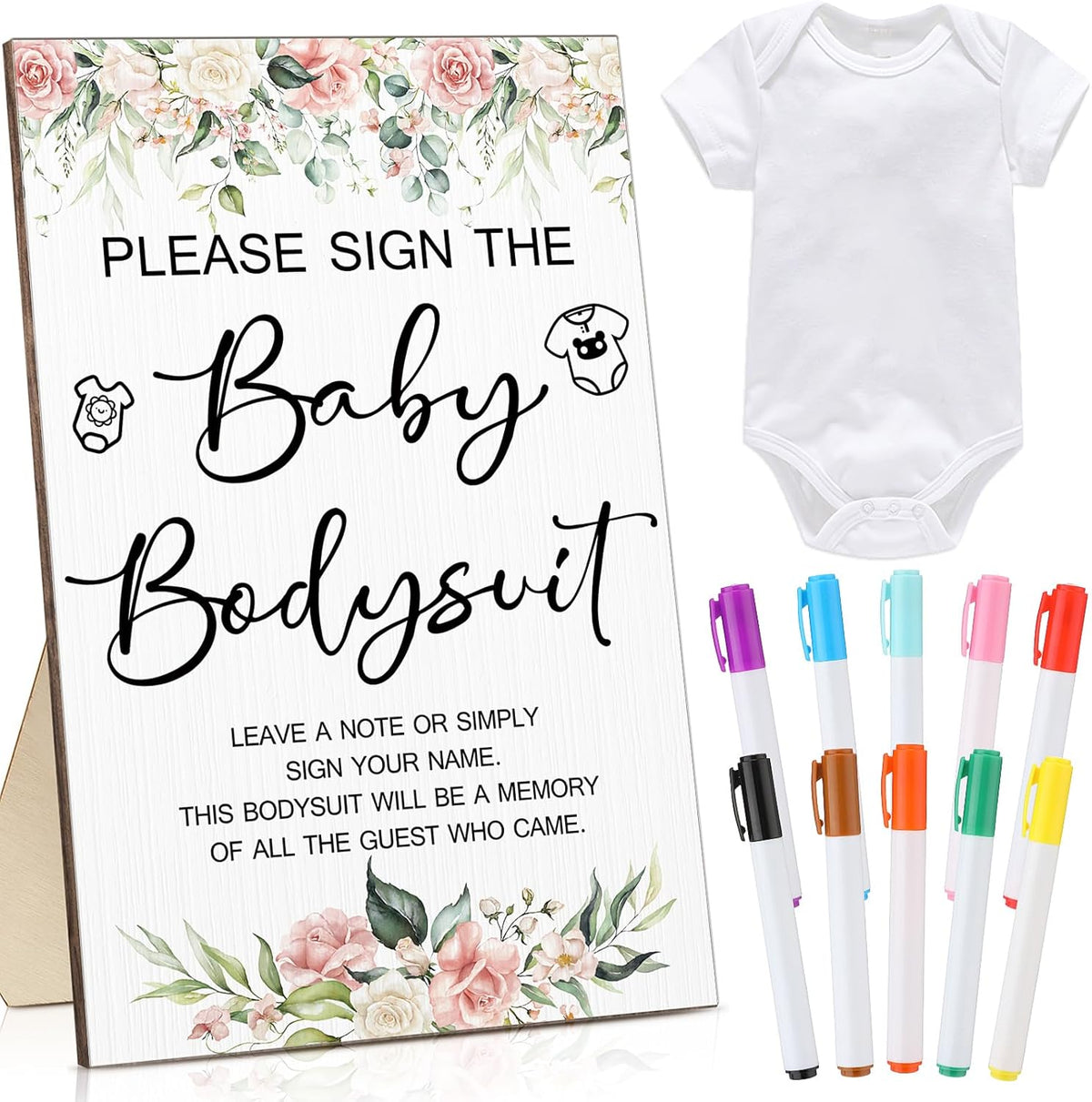 Qunclay 12 Pcs Baby Bodysuit Baby Shower Game Include 1 Game Wooden Sign Tabletop Decor 1 White