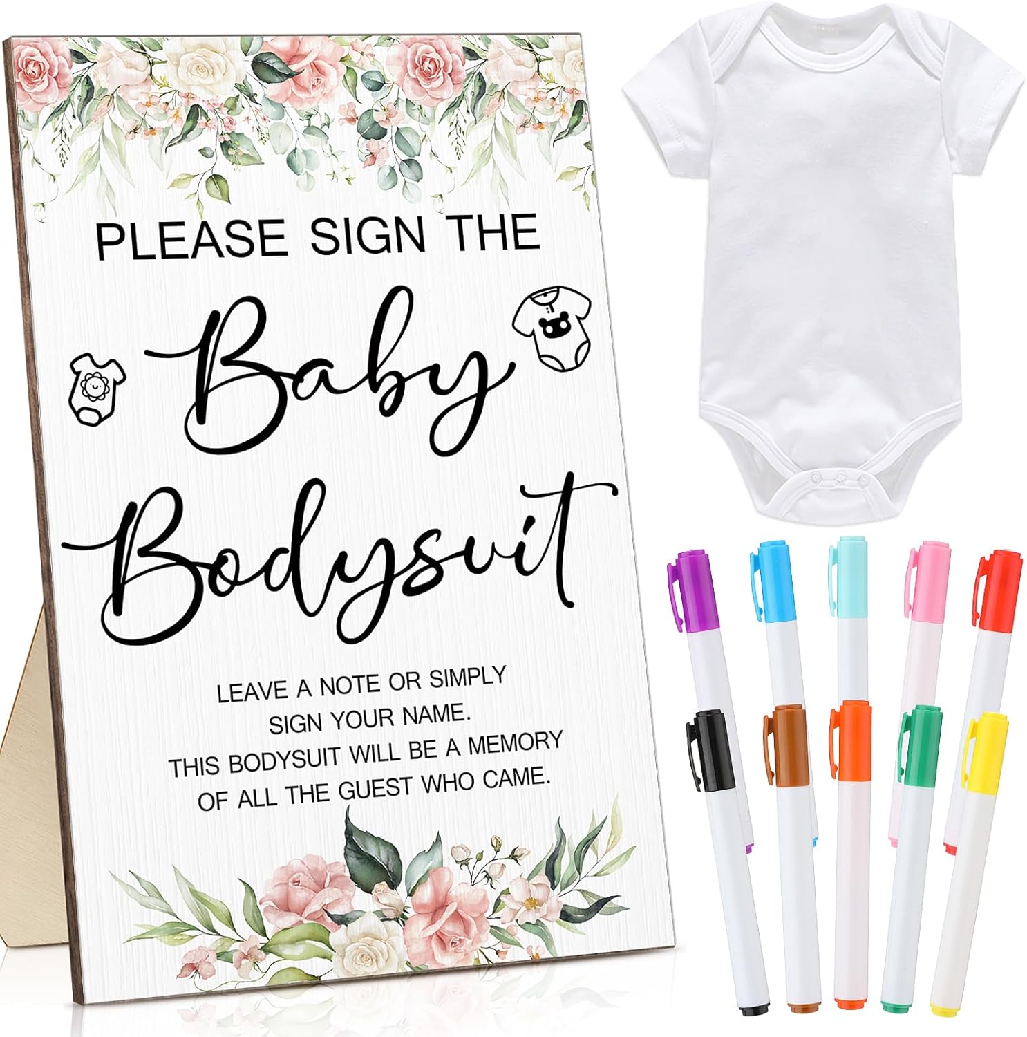 Qunclay 12 Pcs Baby Bodysuit Baby Shower Game Include 1 Game Wooden Sign Tabletop Decor 1 White