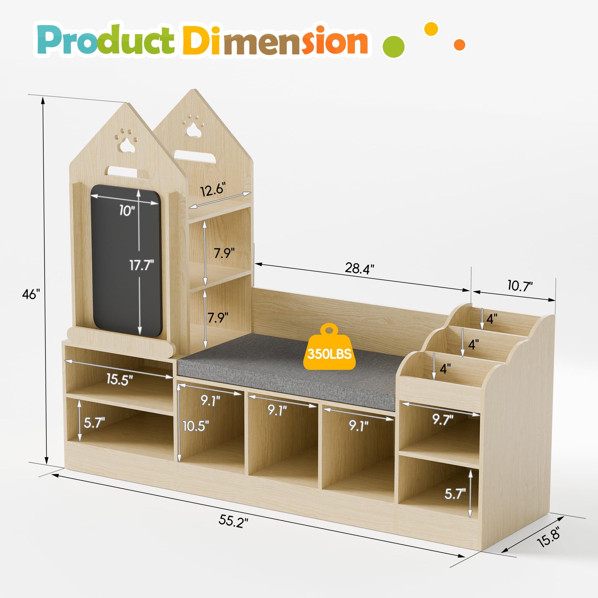 MU Kids Bookshelf with Reading Nook, Wooden Toy Storage Organizer with Chalkboard and Bench, Kids