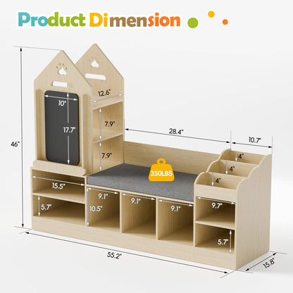 MU Kids Bookshelf with Reading Nook, Wooden Toy Storage Organizer with Chalkboard and Bench, Kids