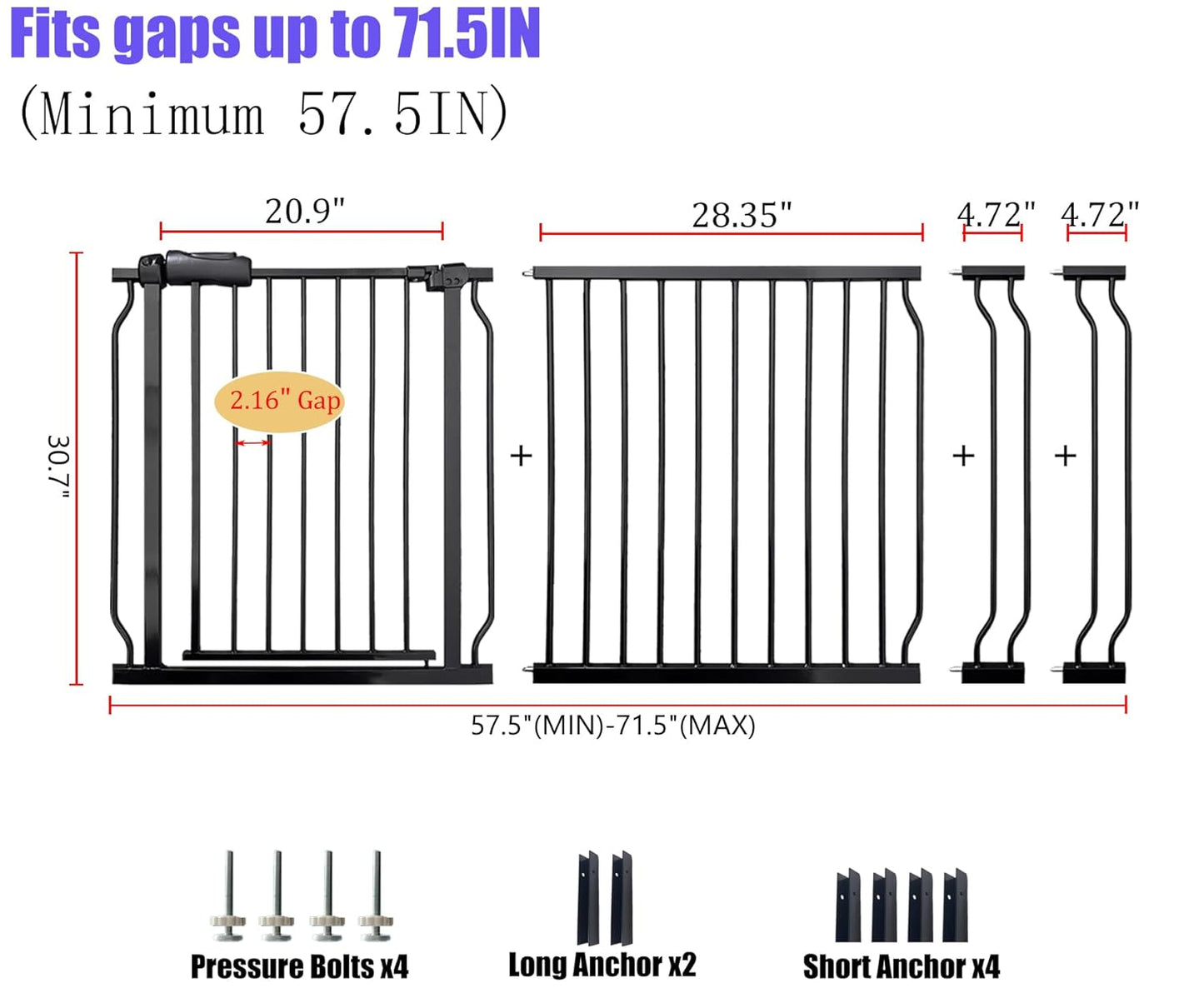 Wide Baby Gate 67-71.5 Inch Heavy Duty Steel Safety for Stairs, Pressure-Mounted Indoor Dog, No