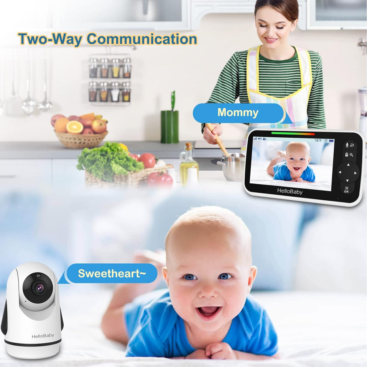 HelloBaby 5 Inch Video Baby Monitor with Camera and Audio, Remote Pan-Tilt-Zoom Camera with Night