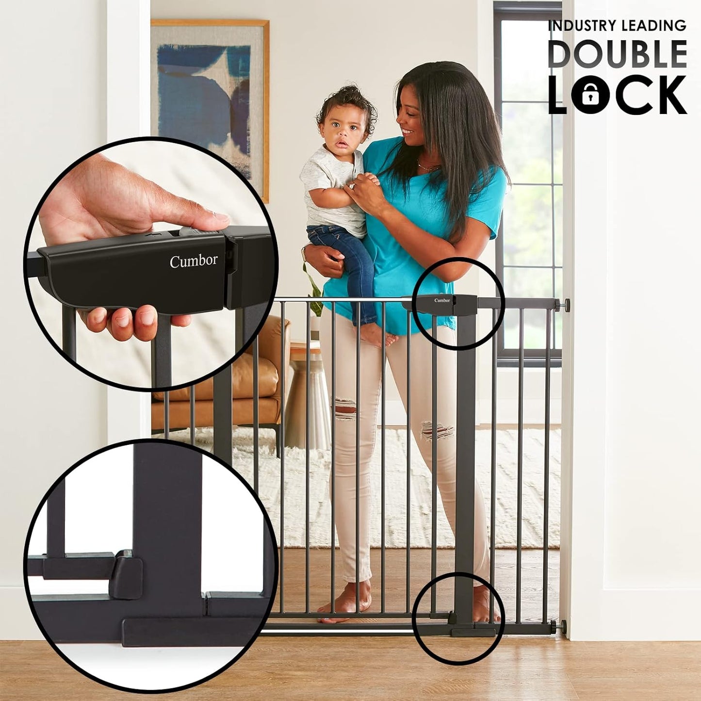 Cumbor 36" Extra Tall Baby Gate for Dogs and Kids with Wide 2-Way Door, 29.7"- 46" Width, and Auto