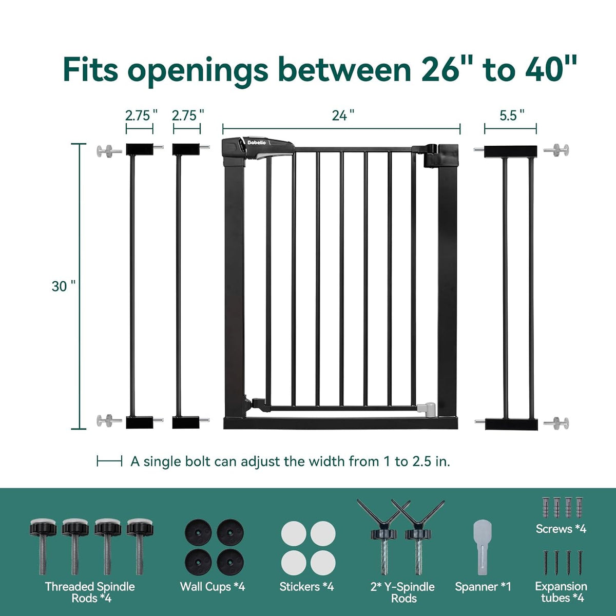 Babelio Baby Gate for Doorways and Stairs, 26-40" Auto Close Dog Gate, Easy-Install Pressure