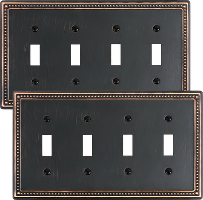 2-Pack Quad Toggle Light Switch Cover Plate, 4 Gang Metal Switch Plate Covers, Aged Bronze Pearls