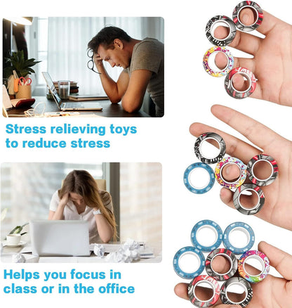 12Pcs Magnetic Rings Fidget Toys Spinner Set,Finger Magnet Rings Endless Hours of Fun ADHD Stress