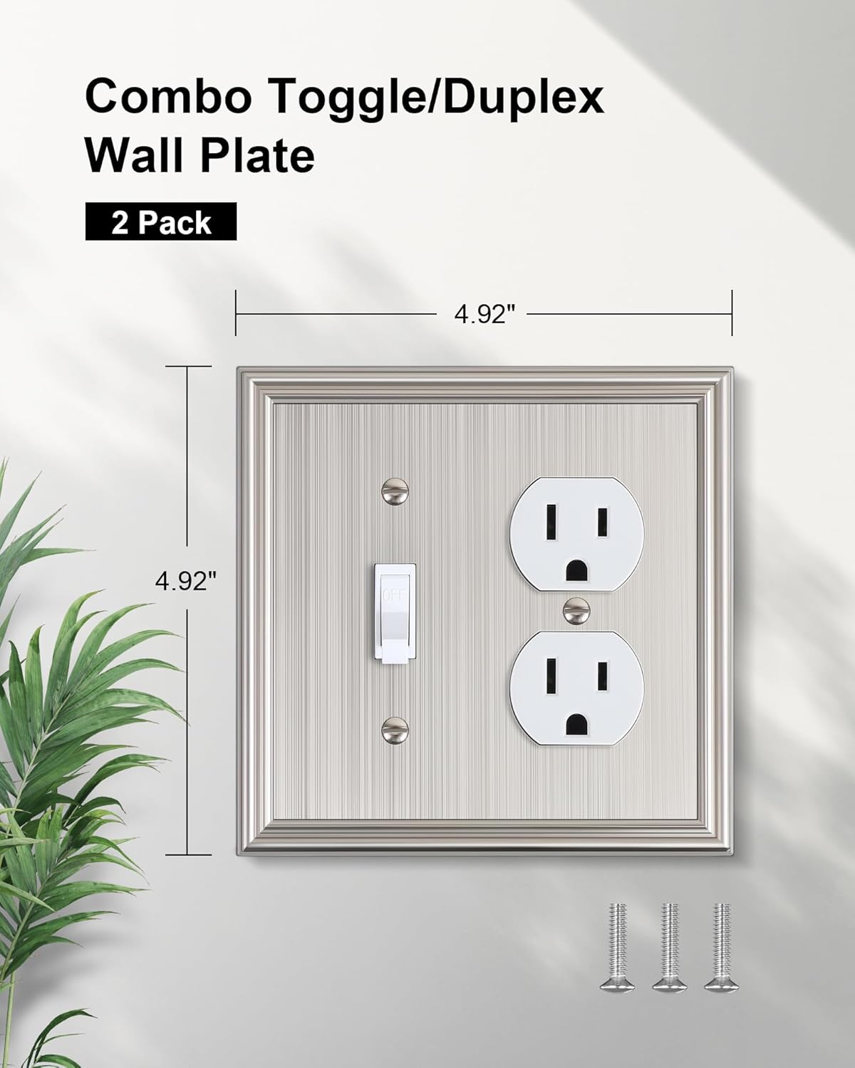 2-Pack Combo Toggle/Duplex Light Switch Cover Plate, Brushed Nickel Wall Outlet Cover Plate